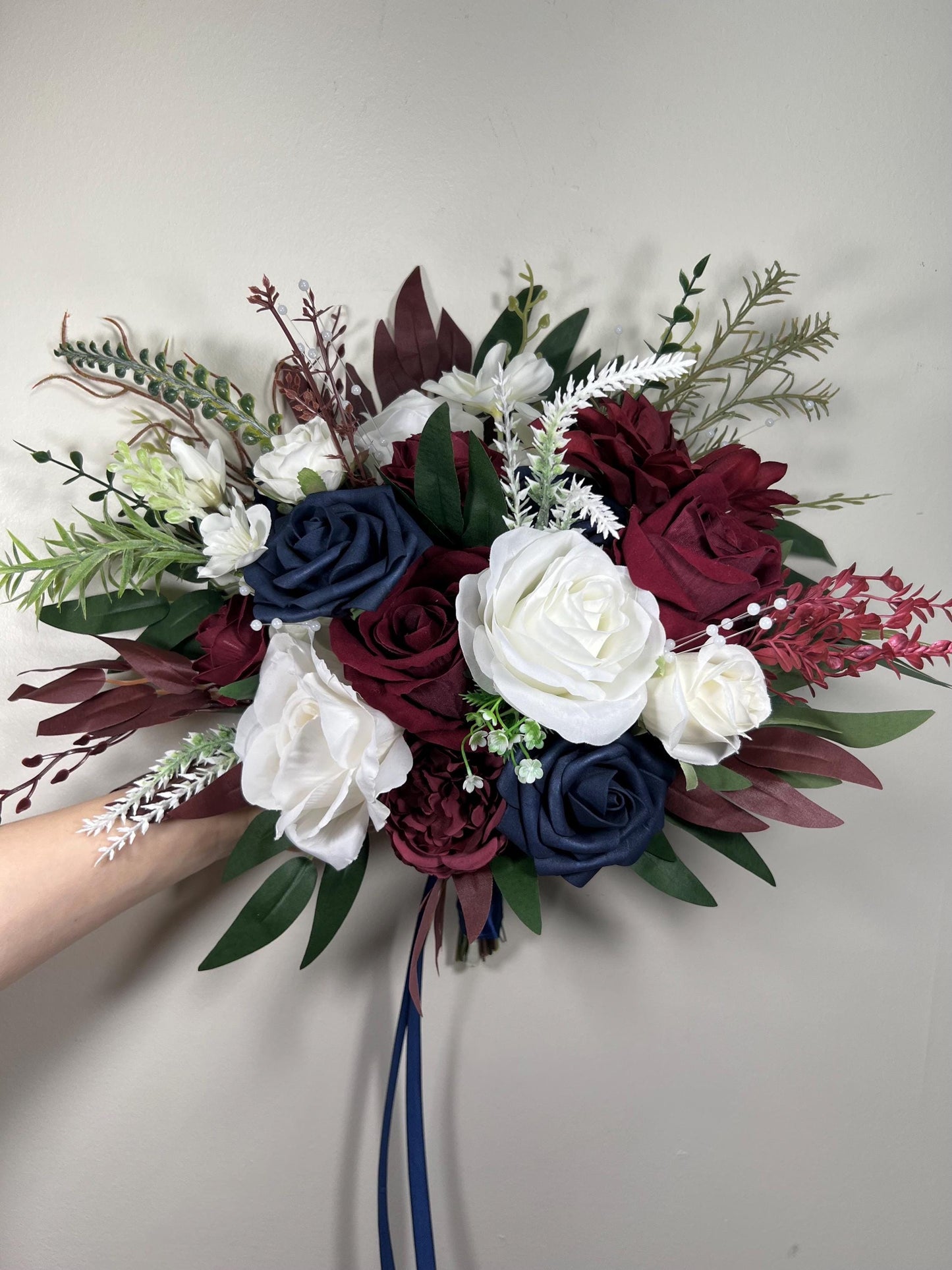 Burgundy Navy Wedding Bouquet With White Roses And Greenery