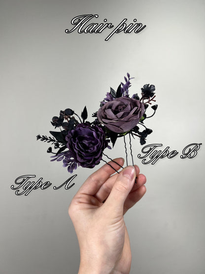 Black Purple Hair Pin Gothic Wedding Hair Pins Floral Plum Black Hair Accessories Artiticial Flower Hairpiece Black Dark Purple