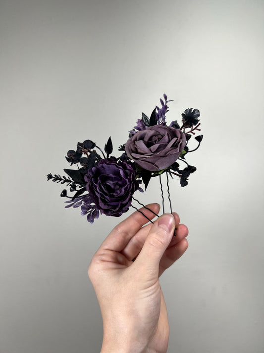 Black Purple Hair Pin Gothic Wedding Hair Pins Floral Plum Black Hair Accessories Artiticial Flower Hairpiece Black Dark Purple