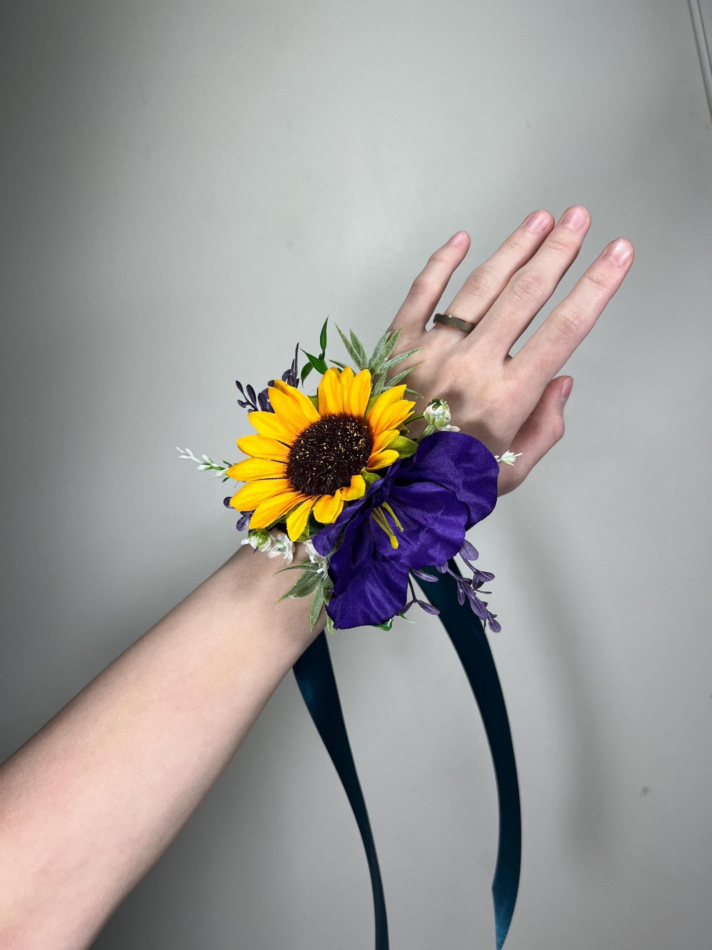 Sunflower Corsage Purple Wedding Sunflowers Wrist Corsage Dark Purple Sunflower Corsage Bridesmaids Yellow Sunflower Plum Prom Corsage