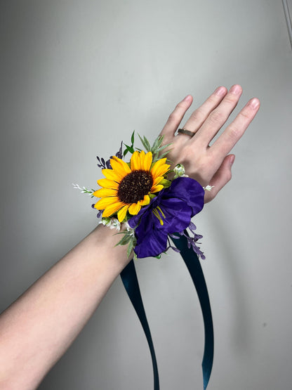 Sunflower Corsage Purple Wedding Sunflowers Wrist Corsage Dark Purple Sunflower Corsage Bridesmaids Yellow Sunflower Plum Prom Corsage