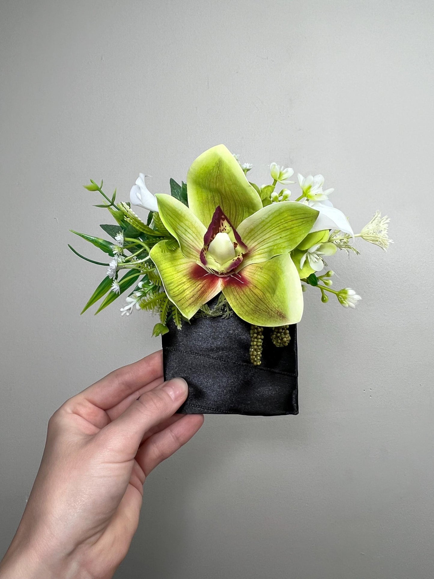 Orchid Boutonnière Green Wedding Tropical Beach Groom Boutonniere Pin On Groomsmen Cymbidium Prom Orchid Greenery Fern Mostera Artificial