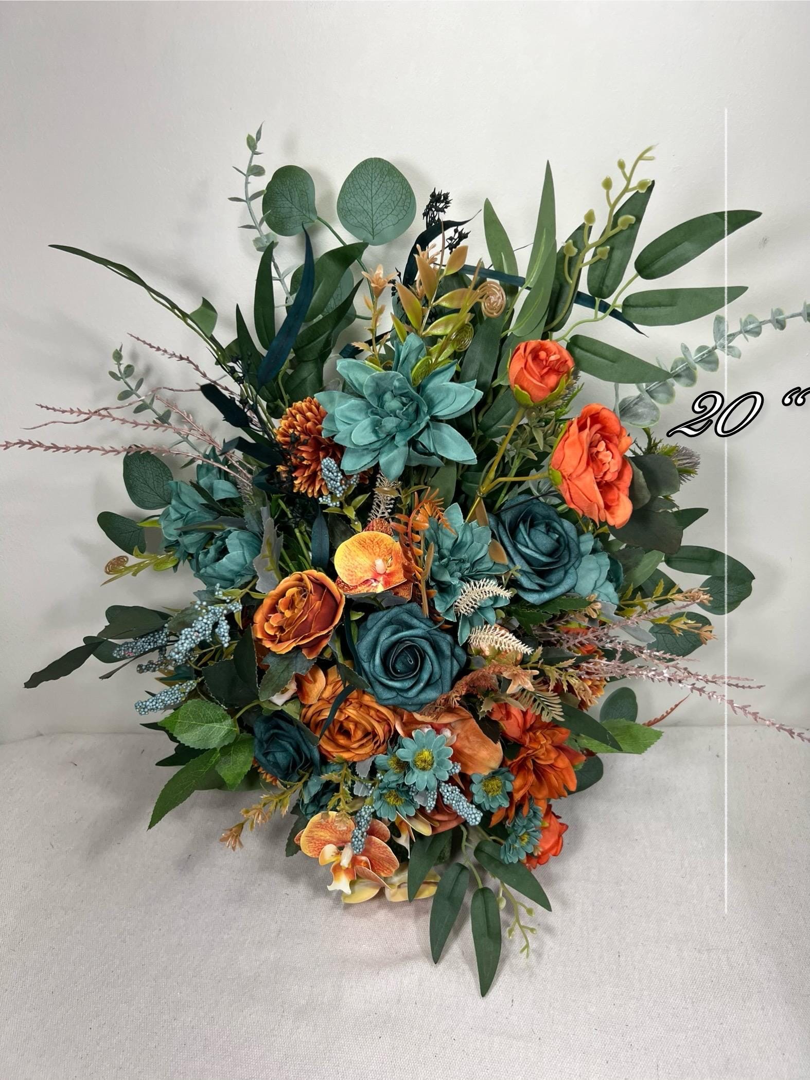 Wedding Aisle Marker Flower Floor Arrangement Whiskey Barrel Décor Teal Terracotta Blue Rust Ground Arch Rustic Burnt Orange Eucalyptus