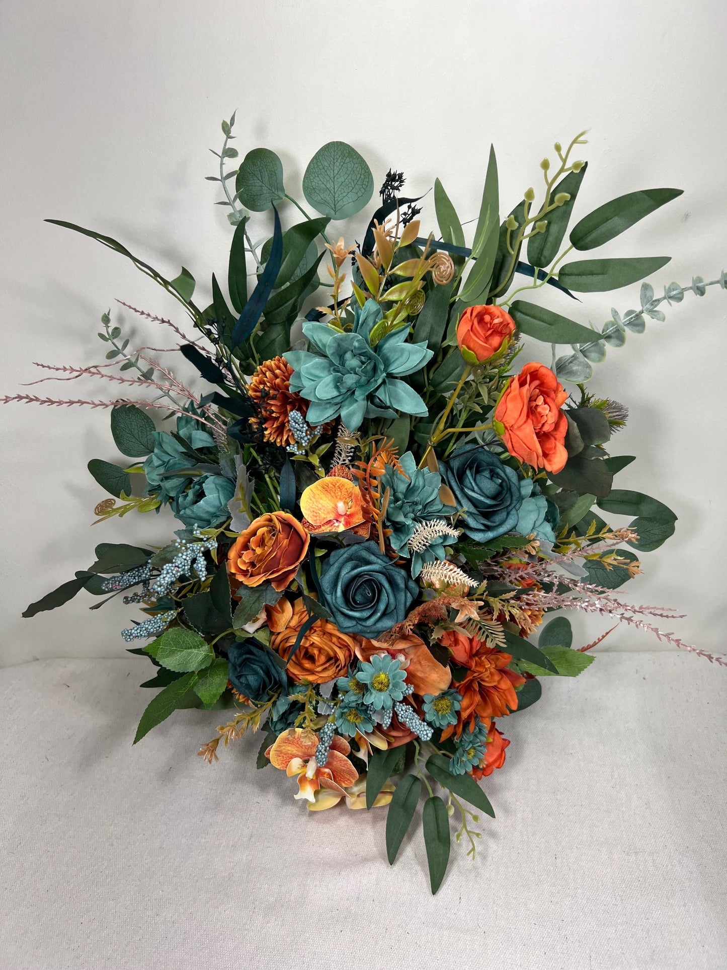 Wedding Aisle Marker Flower Floor Arrangement Whiskey Barrel Décor Teal Terracotta Blue Rust Ground Arch Rustic Burnt Orange Eucalyptus