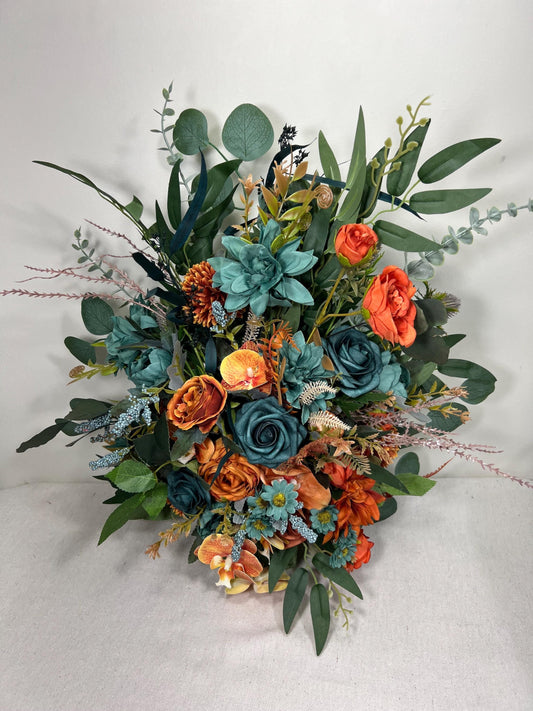 Wedding Aisle Marker Flower Floor Arrangement Whiskey Barrel Décor Teal Terracotta Blue Rust Ground Arch Rustic Burnt Orange Eucalyptus