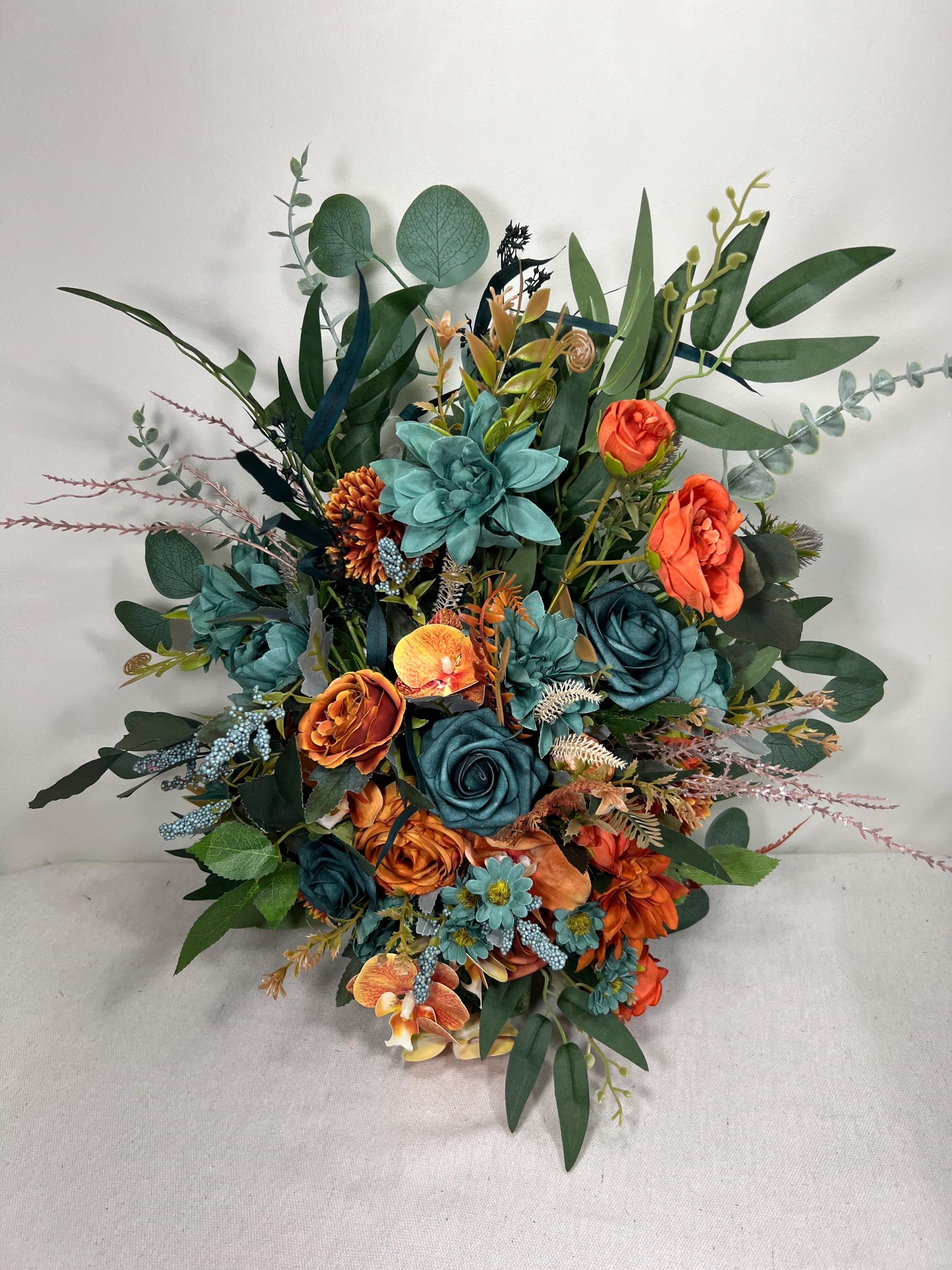 Set of 2 Wedding Aisle Marker Flower Floor Arrangement Whiskey Barrel Décor Teal Terracotta Blue Rust Ground Arch Rustic Burnt Orange