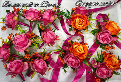 Fuchsia Orange Bouquet Bridal Wedding Hot Pink Burnt Orange Bouquet Bridesmaids Magenta Orange Tropical Bouquet Greenery Artificial Flower