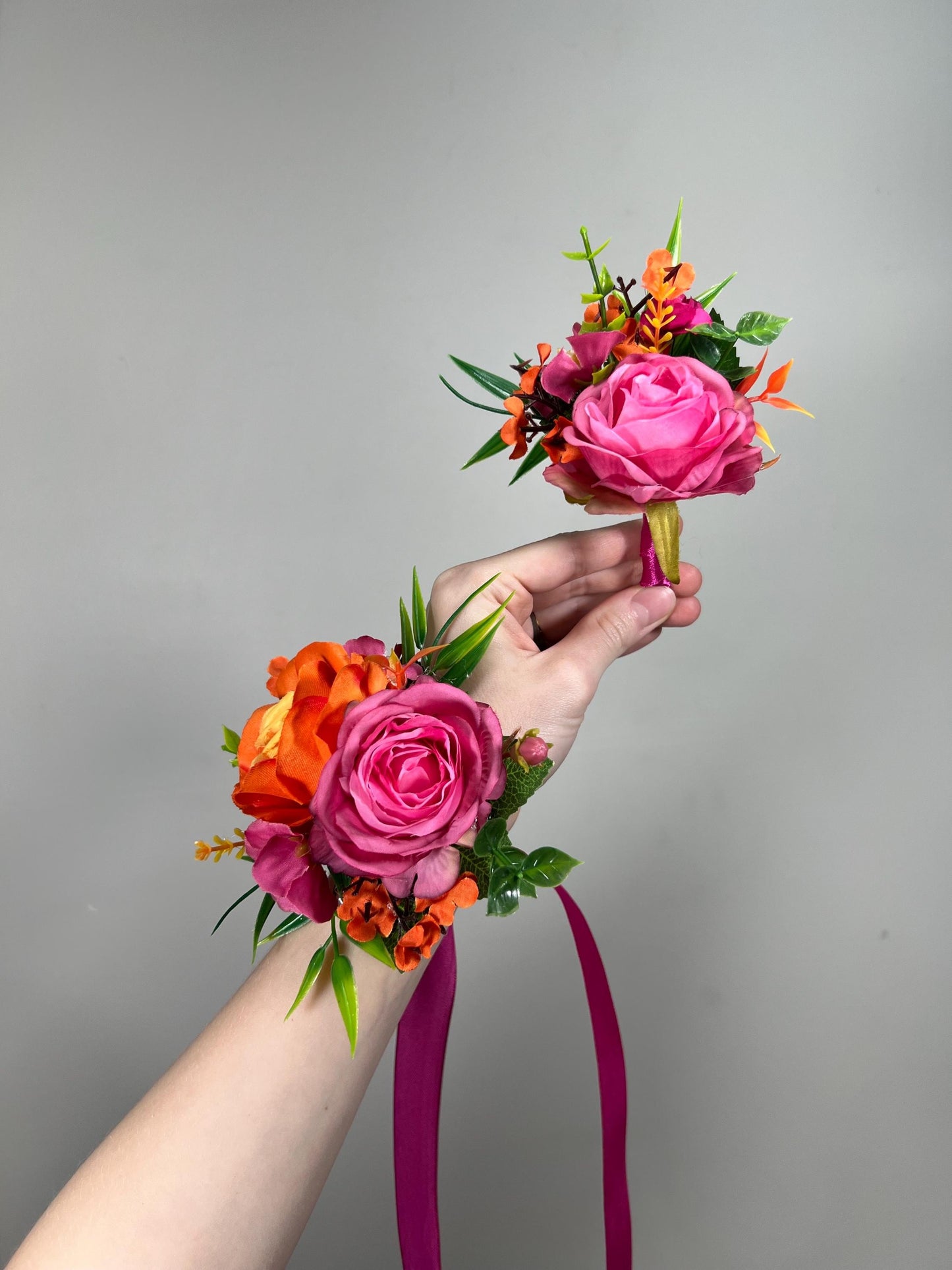 Fuchsia Orange Bouquet Bridal Wedding Hot Pink Burnt Orange Bouquet Bridesmaids Magenta Orange Tropical Bouquet Greenery Artificial Flower