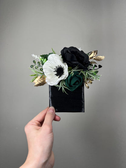 Emerald Green White Pocket Boutonniere Wedding Anemone Black White Square Boutonniere Gold White Black Groom Boutonniere Pocket Square