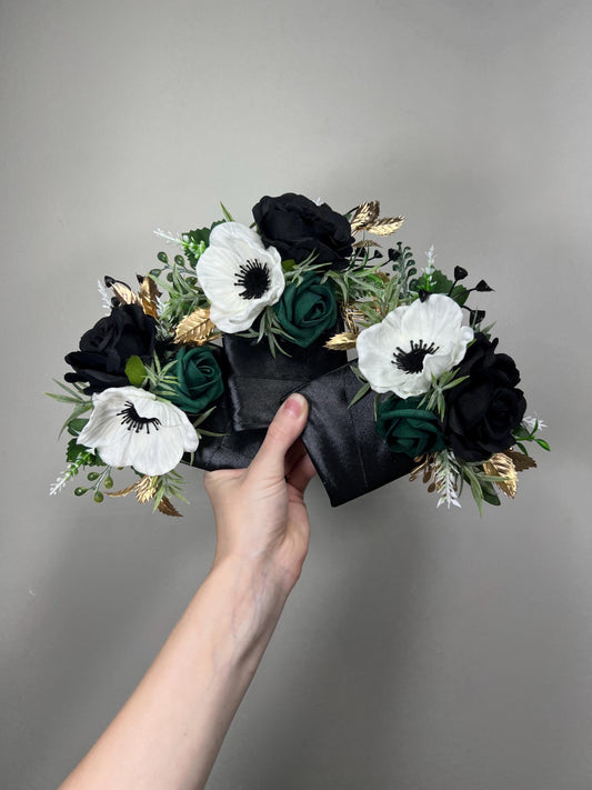 Emerald Green White Pocket Boutonniere Wedding Anemone Black White Square Boutonniere Gold White Black Groom Boutonniere Pocket Square