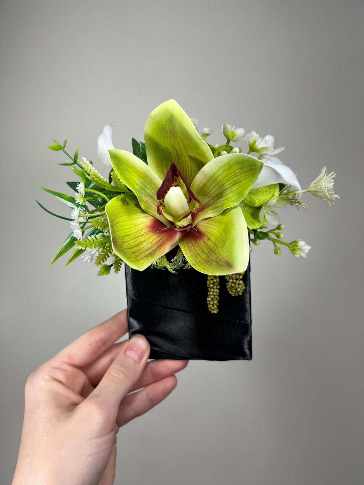 Orchid Boutonnière Green Wedding Tropical Beach Groom Boutonniere Pin On Groomsmen Cymbidium Prom Orchid Greenery Fern Mostera Artificial