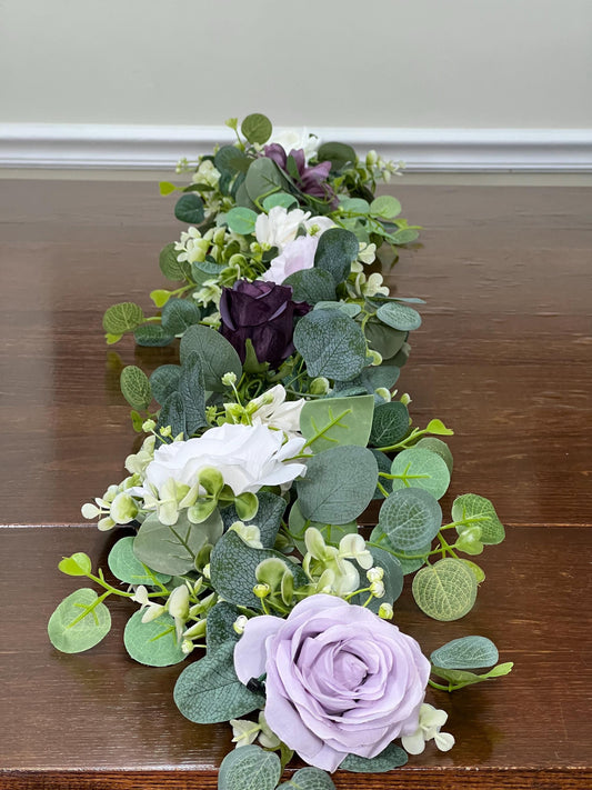 Purple Garland Wedding Table Runner Aisle Arrangement White Lavender Silver Dollar Ivory Eucalyptus Decoration Plum Table Runner Greenery