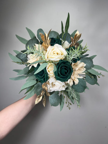 Emerald Green Champagne Bouquet Bridal Ivory Hunter Green Bridesmaids Bouquet Emerald Green Forest Cream Cascading Bouquet Gold Artificial
