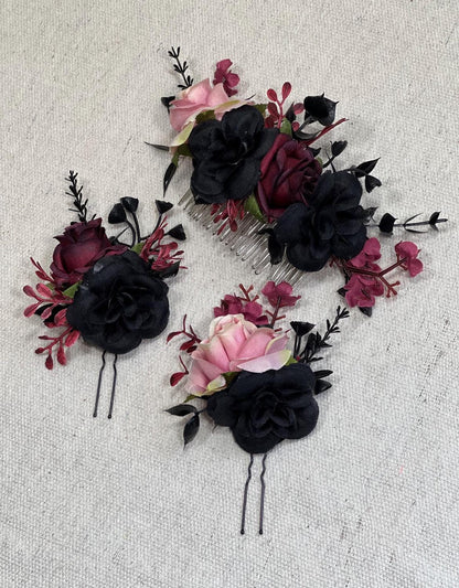 Wedding Bouquet Black Burgundy Gothic Bridal Dusty Rose Halloween Bouquet Black Bridesmaids Bouquet Black Burgundy Artificial Flower