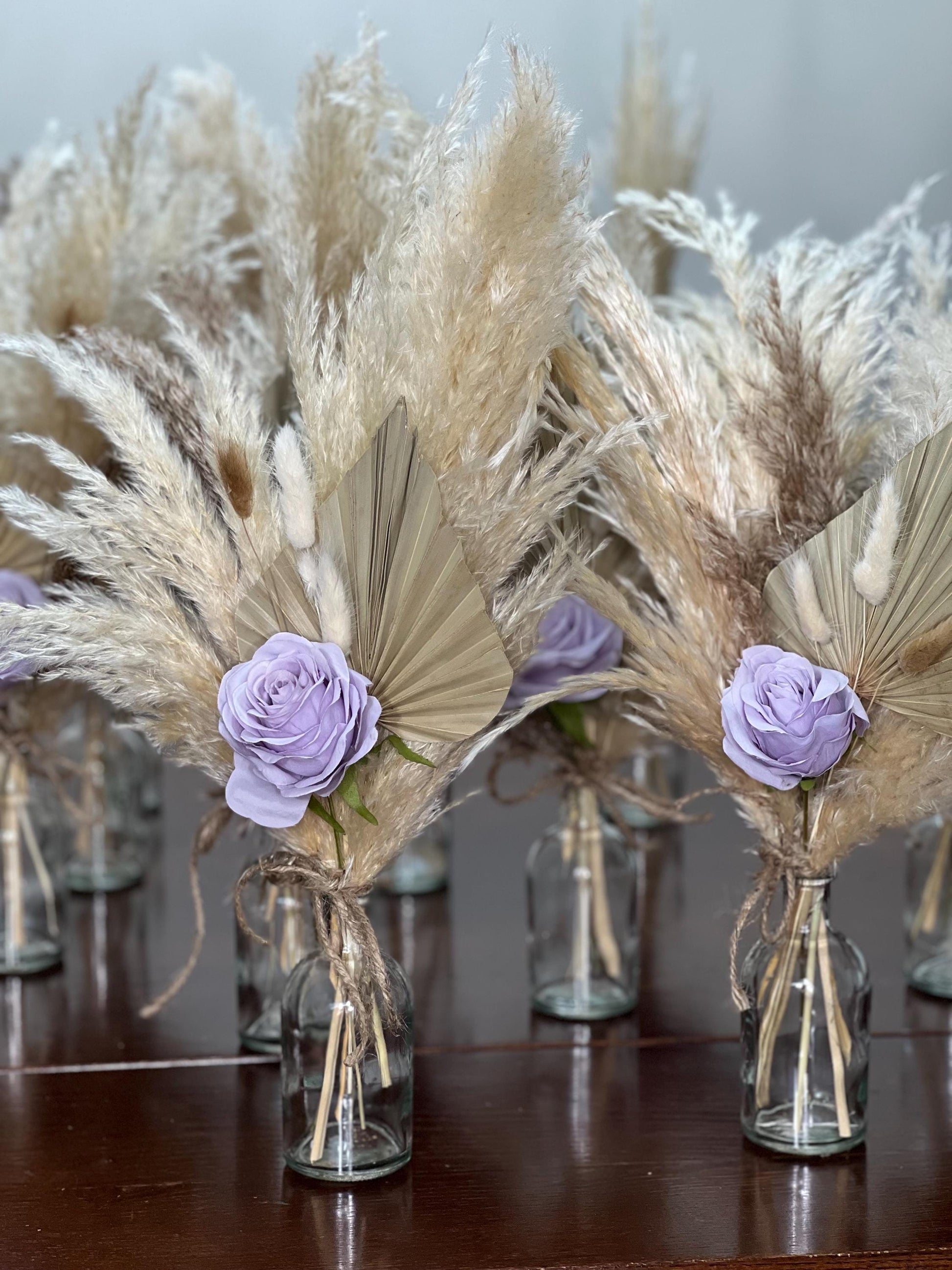 Wedding Centerpiece Lavender Boho Table Décor Centerpiece Palm Leaf Pampas Grass Lilac Artificial Flower Table Centerpiece Small Purple