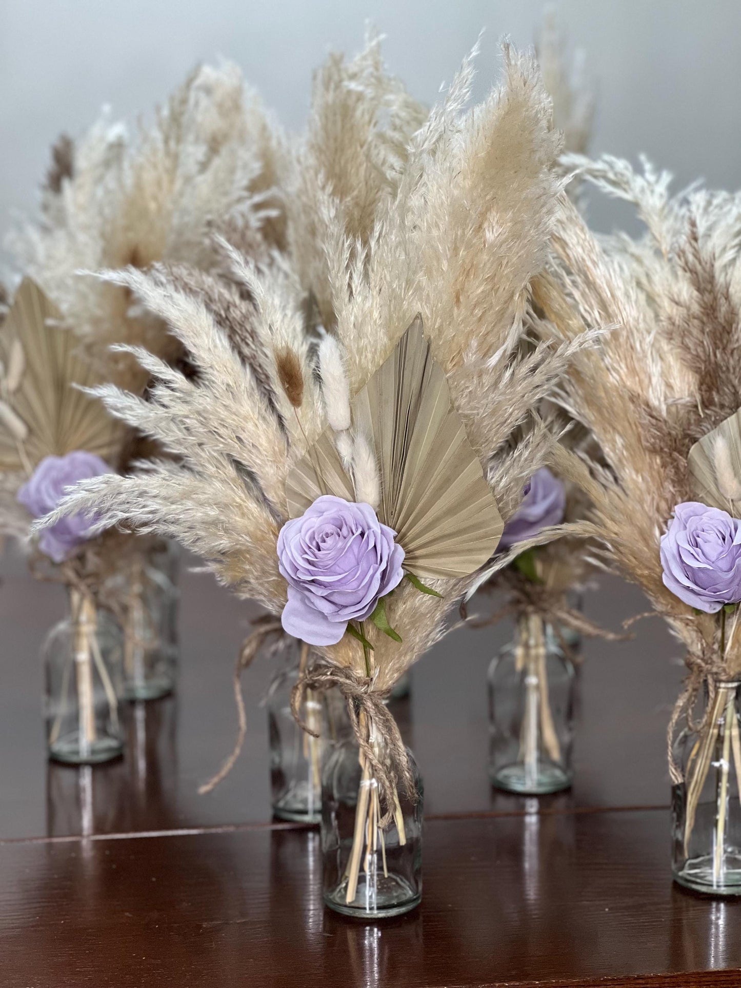 Wedding Centerpiece Lavender Boho Table Décor Centerpiece Palm Leaf Pampas Grass Lilac Artificial Flower Table Centerpiece Small Purple