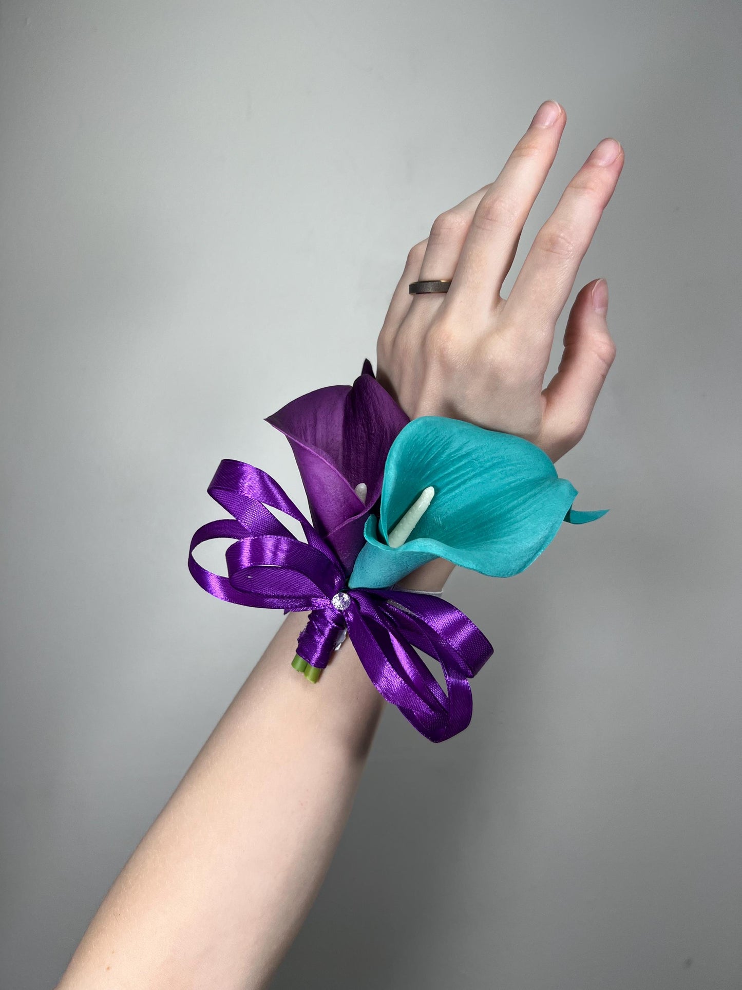 Calla Lily Corsage Wedding Teal Purple Calla Lily Wrist Corsage Teal Blue Calla Lilies Real Touch Royal Purple Corsage Bridesmaids