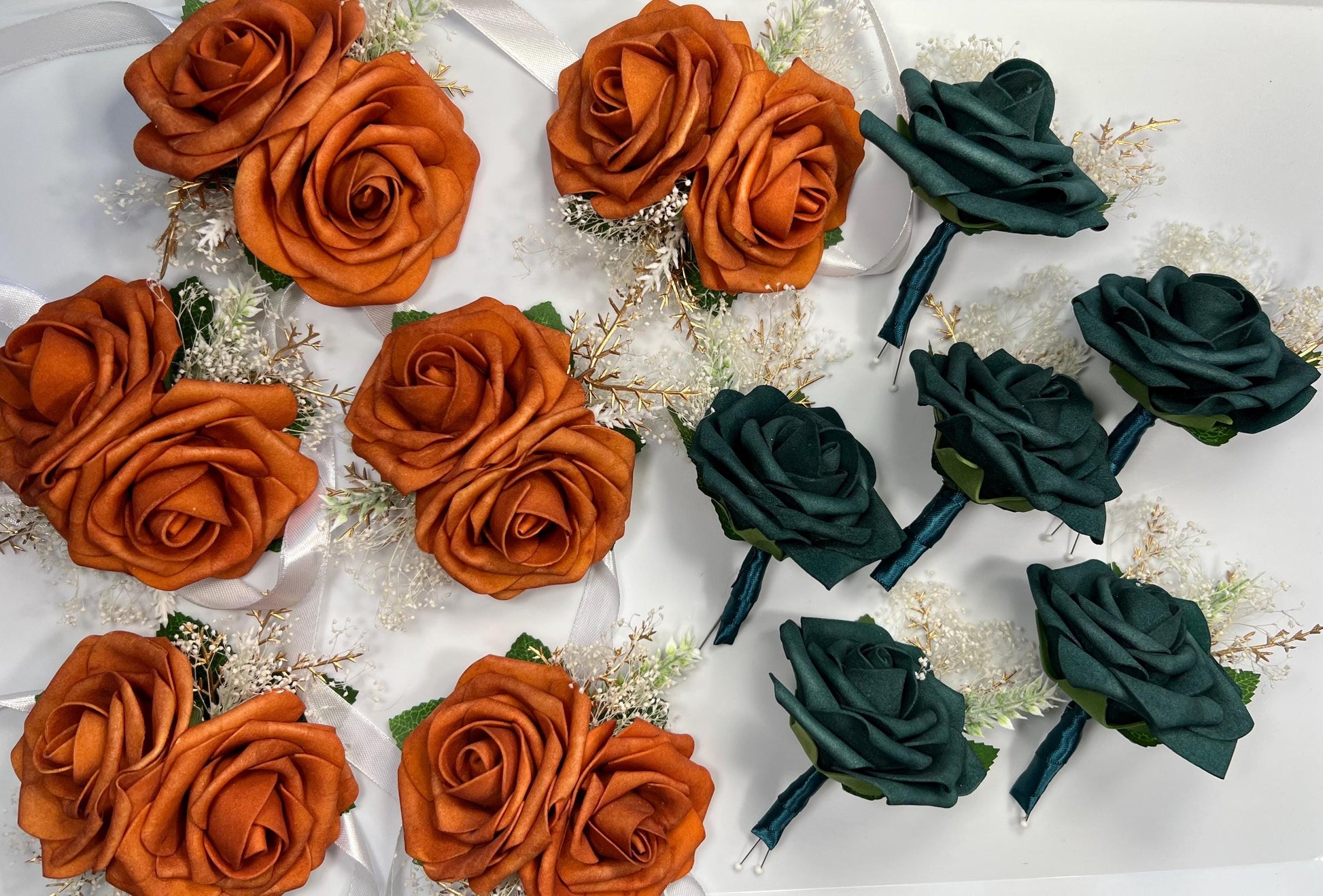 Terracotta Corsage Wedding Dark Teal Wrist Corsage Bridesmaids Corsage Burnt Orange Teal Blue Corsage Mom Rust Baby Breath Artiricial Flower