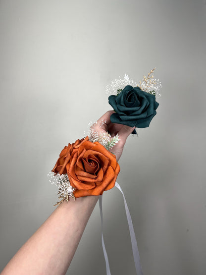 Terracotta Corsage Wedding Dark Teal Wrist Corsage Bridesmaids Corsage Burnt Orange Teal Blue Corsage Mom Rust Baby Breath Artiricial Flower