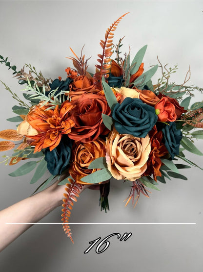 Teal Orange Bouquet Wedding Bridal Terracotta Dark Teal Bridesmaids Bouquet Rust Teal Blue Fall Bouquet Sage Eucalyptus Artificial Flower