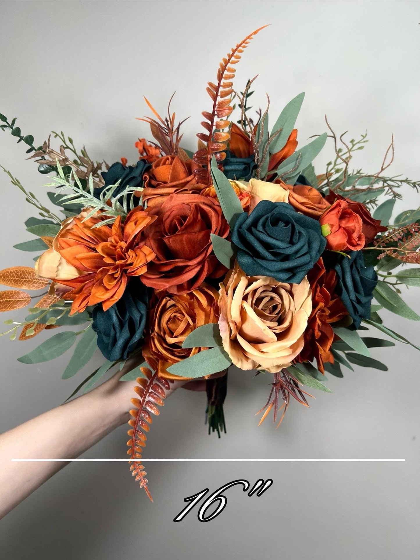 Teal Orange Bouquet Wedding Bridal Terracotta Dark Teal Bridesmaids Bouquet Rust Teal Blue Fall Bouquet Sage Eucalyptus Artificial Flower