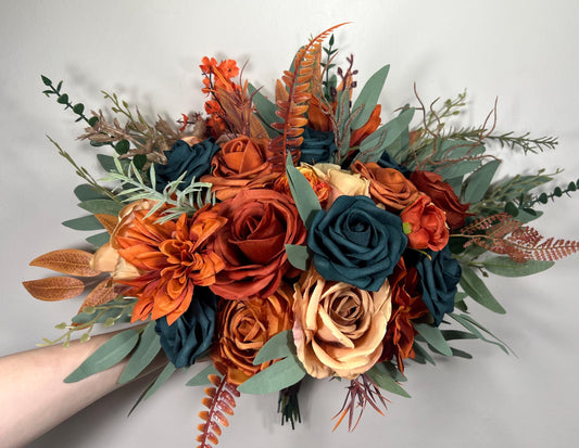 Teal Orange Bouquet Wedding Bridal Terracotta Dark Teal Bridesmaids Bouquet Rust Teal Blue Fall Bouquet Sage Eucalyptus Artificial Flower
