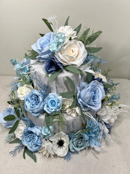 Blue Cake Decor Wedding White Cake Flowers Artificial Dusty Blue Ivory Cake Topper Sky Blue Flowers Eucalyptus White Cake Decor Silk Flowers