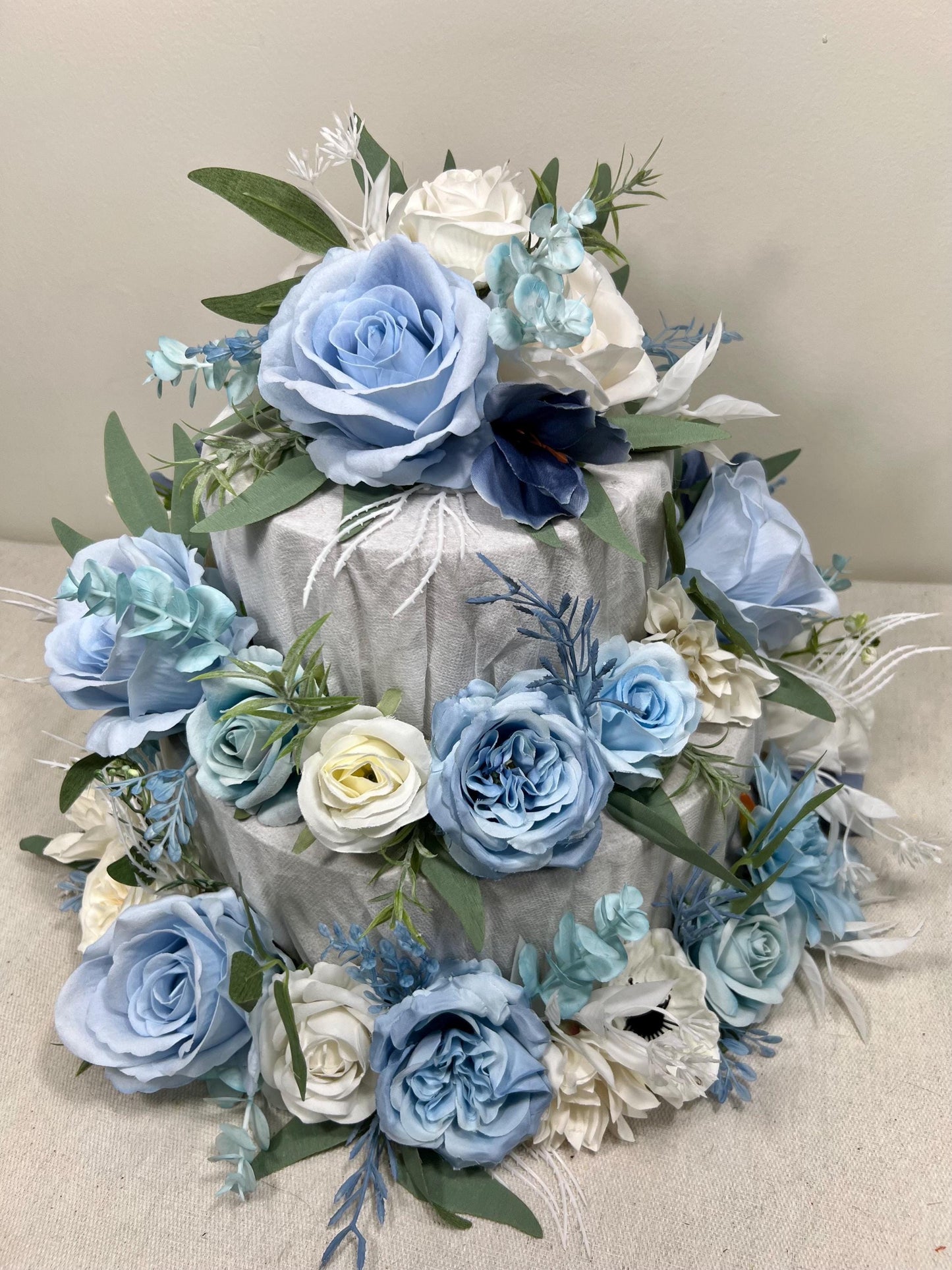 Blue Cake Decor Wedding White Cake Flowers Artificial Dusty Blue Ivory Cake Topper Sky Blue Flowers Eucalyptus White Cake Decor Silk Flowers