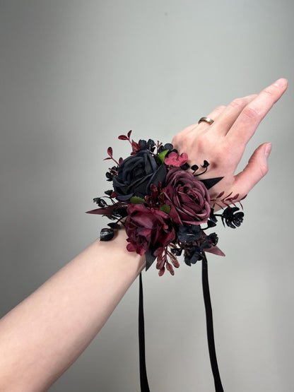 Black Corsage Burgundy Wedding Gothic Wrist Corsage Bridesmaids Corsage Mom Maroon Black Burgundy Corsage Wine Red Artificial Flower
