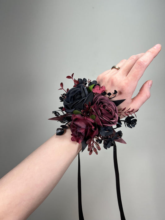 Black Corsage Burgundy Wedding Gothic Wrist Corsage Bridesmaids Corsage Mom Maroon Black Burgundy Corsage Wine Red Artificial Flower