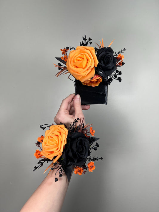 Black Orange Pocket Boutonniere Wedding Black Pumpkin Orange Square Boutonniere Groom Burnt Orange Black Pocket Boutonnière Artificial