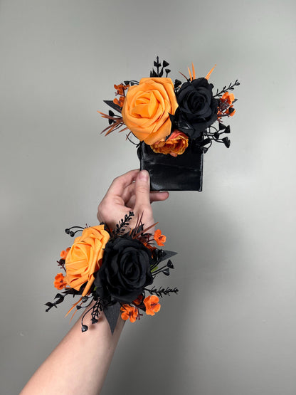 Black Orange Pocket Boutonniere Wedding Black Pumpkin Orange Square Boutonniere Groom Burnt Orange Black Pocket Boutonnière Artificial