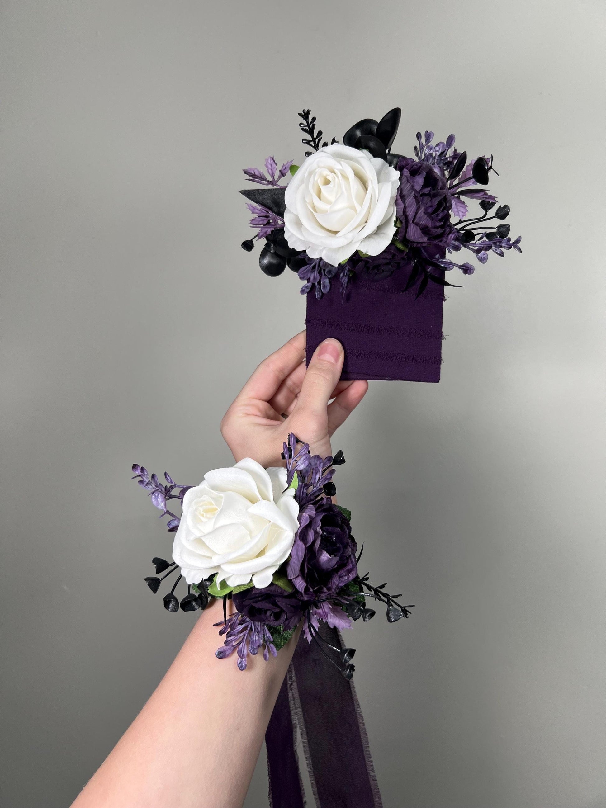 White Plum Pocket Boutonniere Wedding Groom Boutonnière White Dark Purple Square Groomsmen Pocket Boutonniere Black Plum Gothic Boutonniere