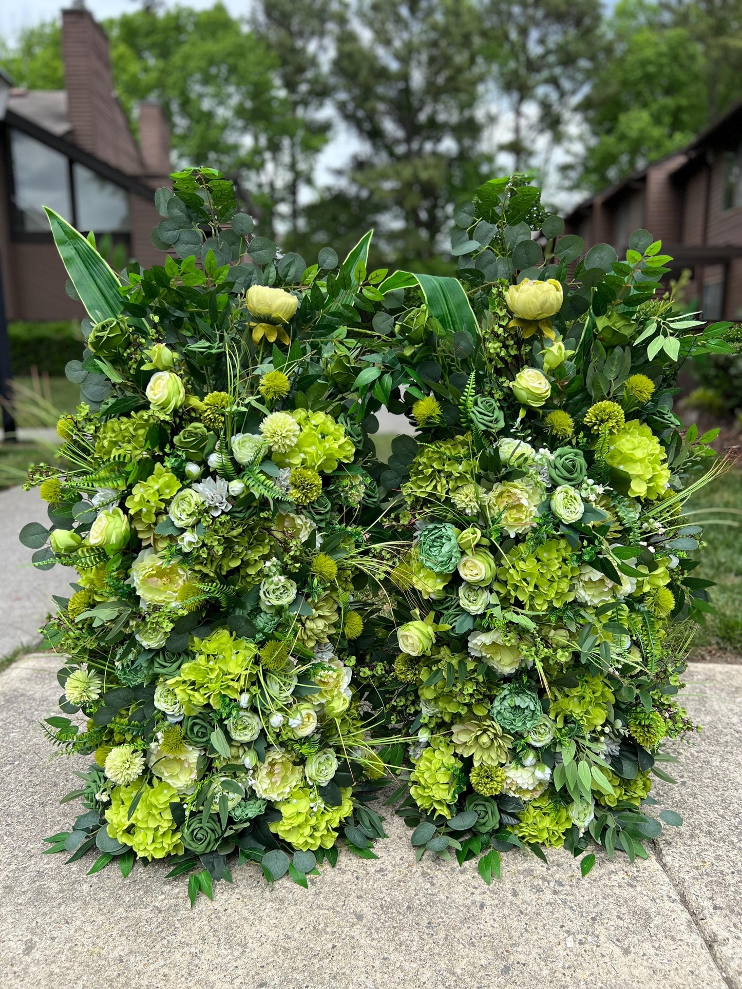 Wedding Aisle Marker Flower Floor Arrangement Barrel Décor Grass Green Flowers Greenery Ground Arch Eucalyptus