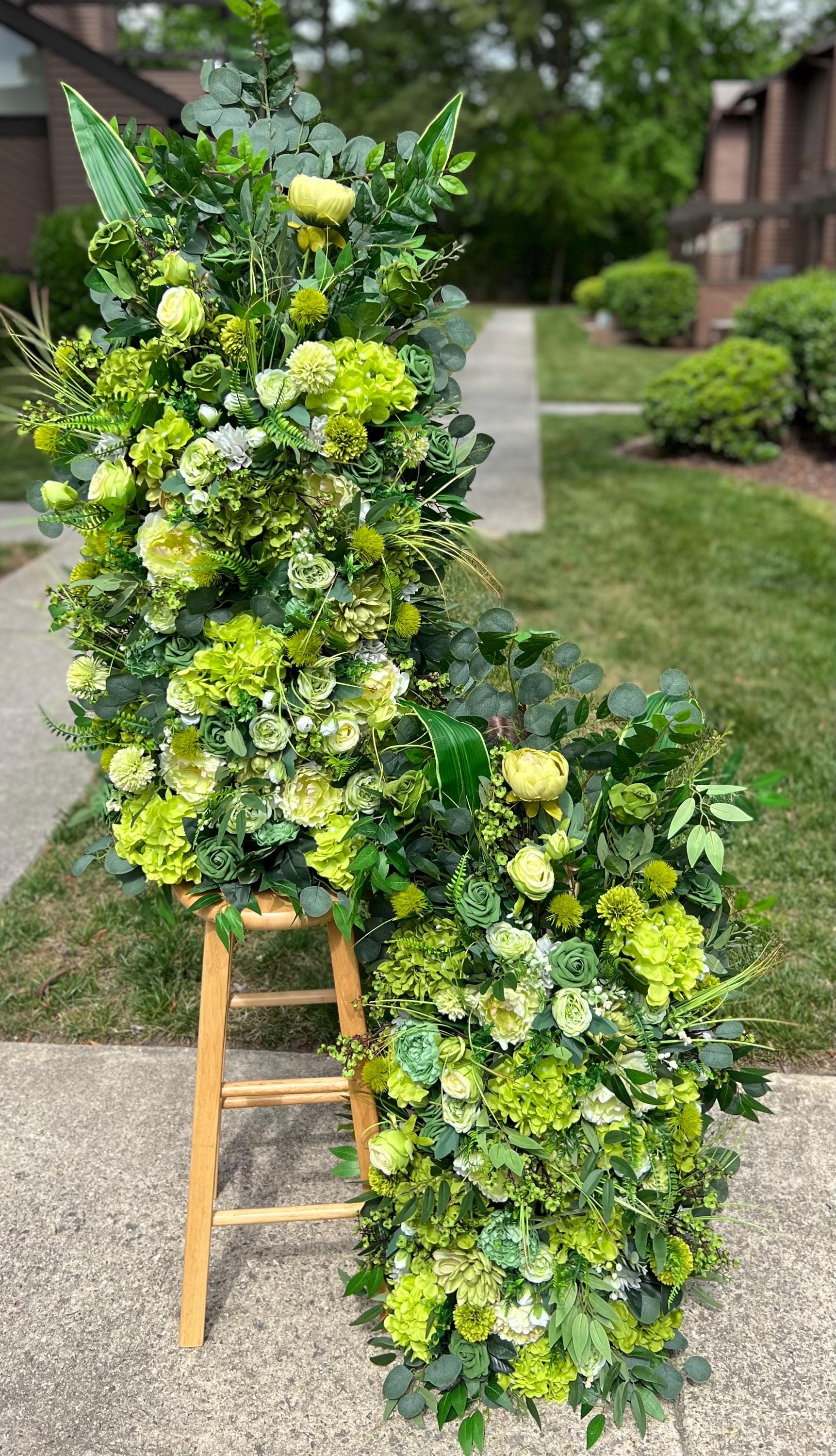Wedding Aisle Marker Flower Floor Arrangement Barrel Décor Grass Green Flowers Greenery Ground Arch Eucalyptus