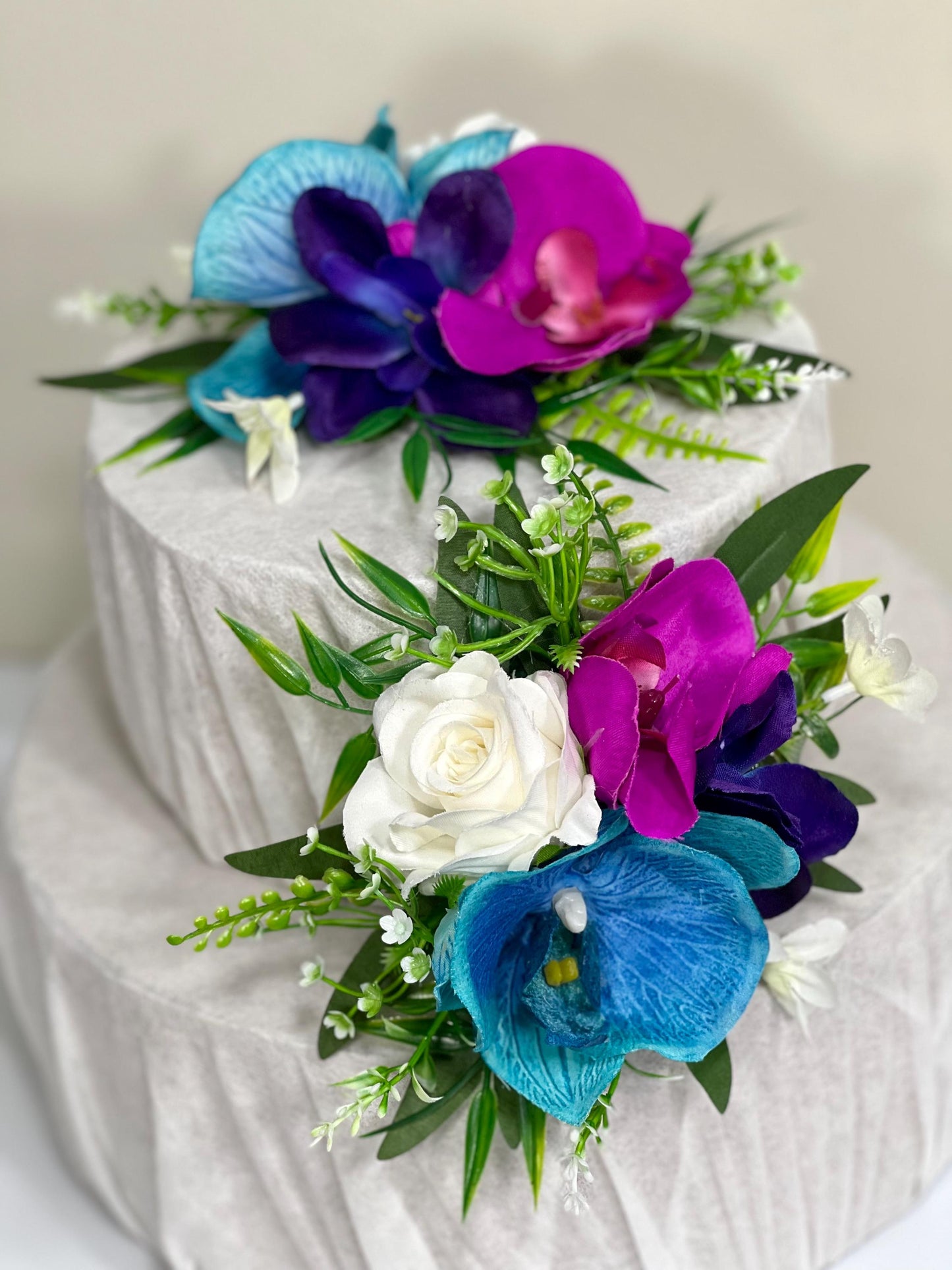 Teal Purple Cake Decor Flower Artificial Wedding Orchid Turquoise Cake Arrangement Jewel Tones Cake Topper Flower Magenta Teal White Silk