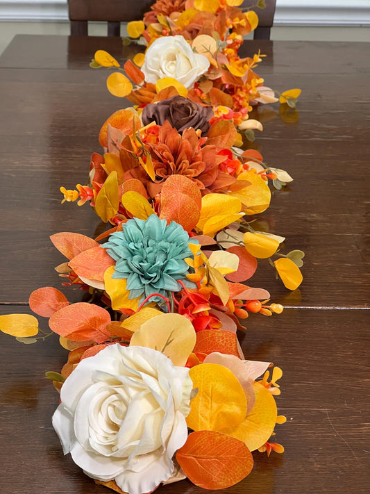 Orange Garland Wedding Turquoise Eucalyptus Garland Rust Teal Greenery Decor Table Runner Burnt Orange Ivory Mantle Garland Artificial