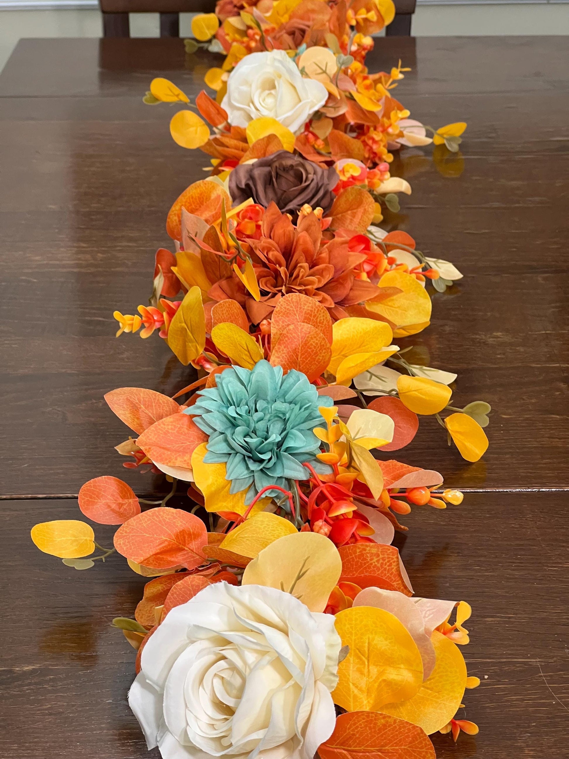Orange Garland Wedding Turquoise Eucalyptus Garland Rust Teal Greenery Decor Table Runner Burnt Orange Ivory Mantle Garland Artificial