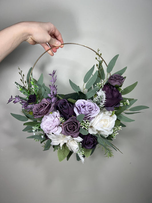 Lavender Hoop Wedding Flower Girl Plum White Hoop Flower Alternative Bouquet Dark Purple Ivory Bridesmaids Hoop Eucalyptus Artificial Flower