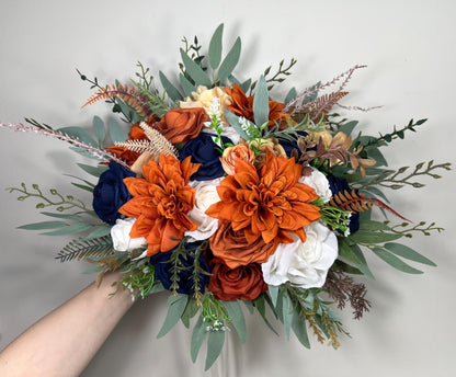 Navy Blue Terracotta Bouquet White Rust Dark Blue Bouquet Bridal Burnt Orange Navy Blue Ivory Bouquet Bridesmaids Sage Green Artiticial