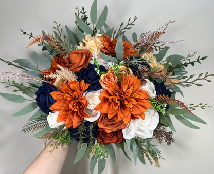 Navy Blue Orange Bouquet Cascade White Rust Blue Bouquet Bridal Cascading Terracotta Navy Blue Ivory Bouquet Bridesmaids Burnt Orange