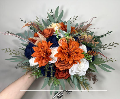 Navy Blue Orange Bouquet Cascade White Rust Blue Bouquet Bridal Cascading Terracotta Navy Blue Ivory Bouquet Bridesmaids Burnt Orange