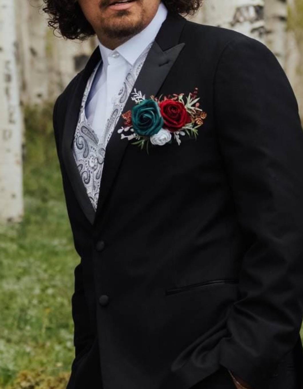 Dark Teal Pocket Boutonniere Wedding Groom Boutonnière Square Teal Burnt Orange Groomsmen Teal Burgundy Boutonniere Rust Dark Teal