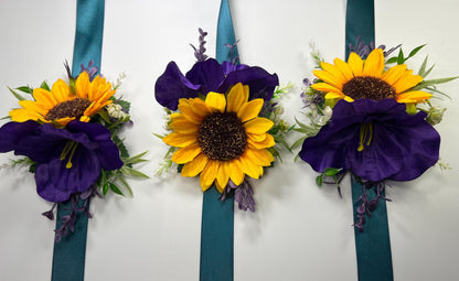 Sunflower Corsage Purple Wedding Sunflowers Wrist Corsage Dark Purple Sunflower Corsage Bridesmaids Yellow Sunflower Plum Prom Corsage