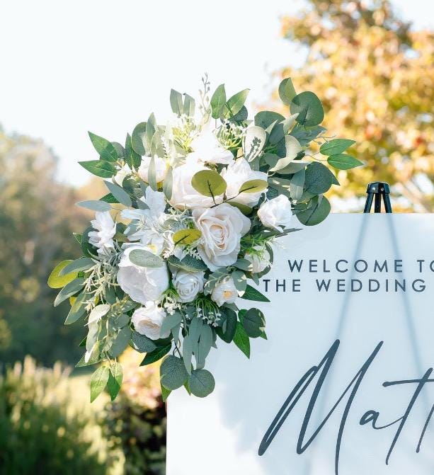 Wedding Welcome Sign Floral White Arrangement Ivory Corner for Welcome Sign Floral Piece White Artificial Flowers Sage Greenery Eucalyptus