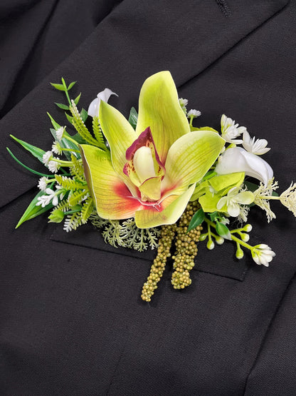 Orchid Boutonnière Green Wedding Tropical Beach Groom Boutonniere Pin On Groomsmen Cymbidium Prom Orchid Greenery Fern Mostera Artificial