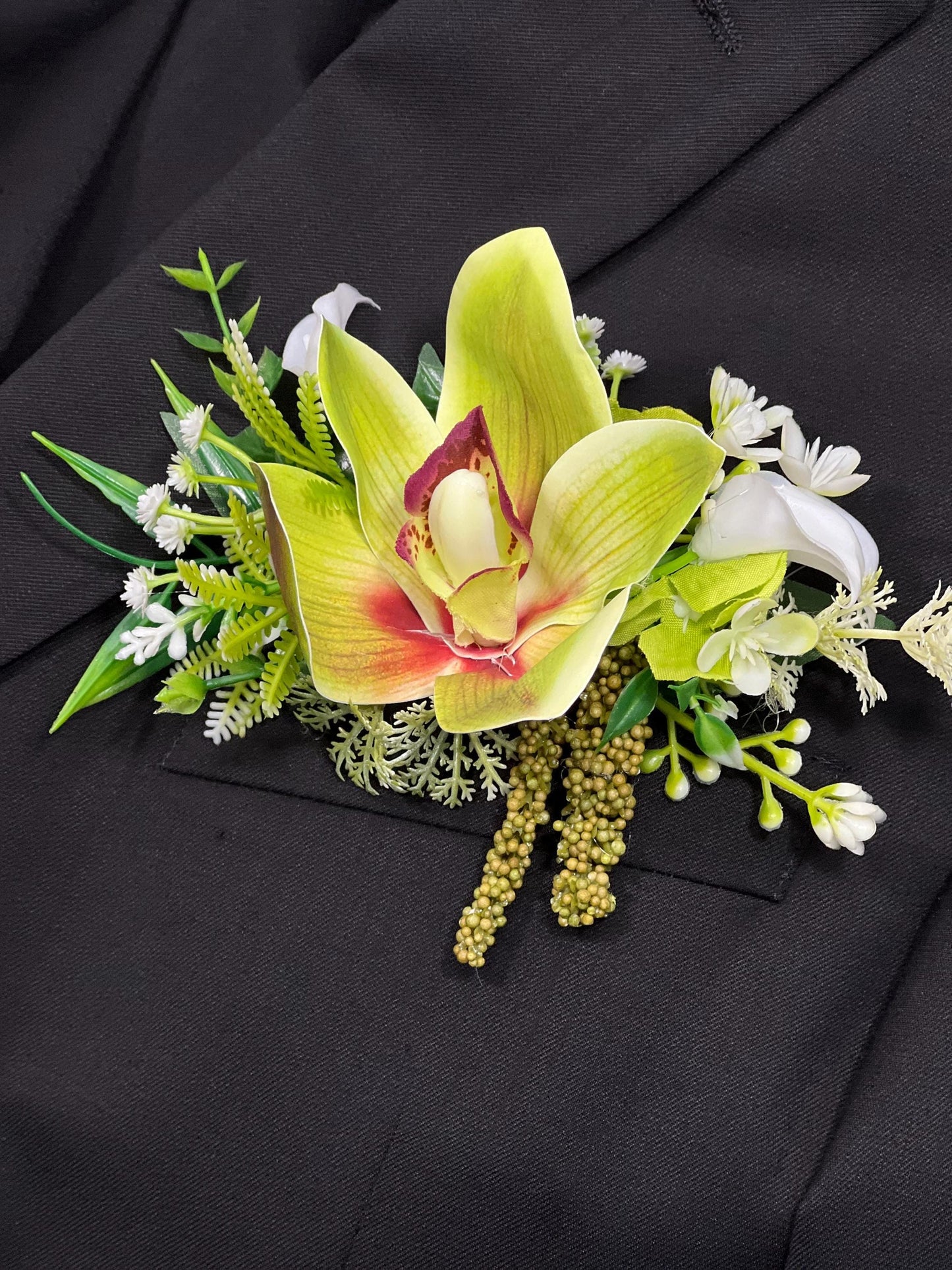 Orchid Corsage Green Wedding Tropical Beach Groom Wrist Corsage Prom Cymbidium Mother Orchid Greenery Fern Mostera Bridesmaids Artificial