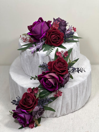 Purple Burgundy Cake Decoration Wedding Plum Flower Artificial Topper Cake Decor Royal Purple Dark Wine Red Flower Cake Arrangement Maroon