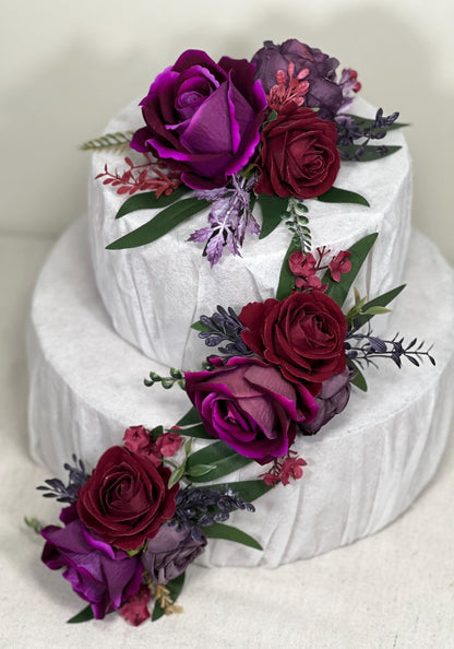 Purple Burgundy Cake Decoration Wedding Plum Flower Artificial Topper Cake Decor Royal Purple Dark Wine Red Flower Cake Arrangement Maroon