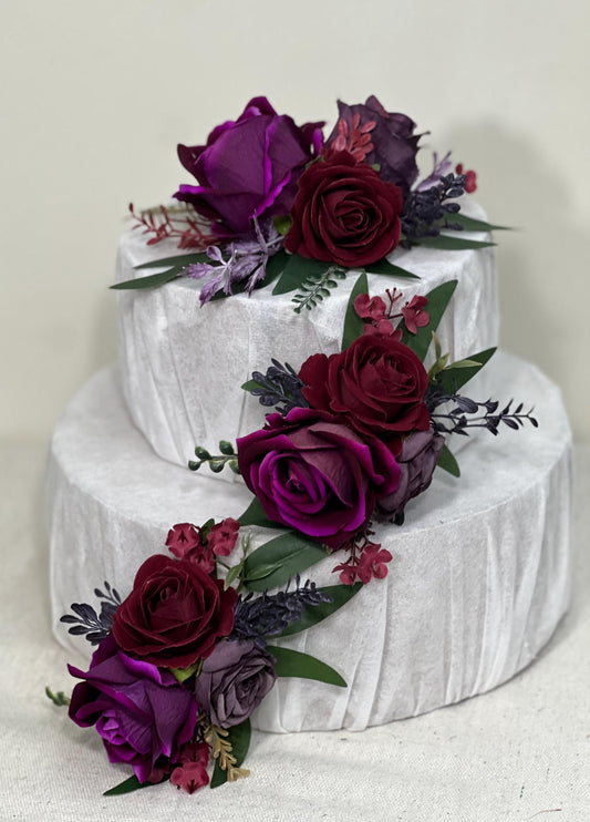 Purple Burgundy Cake Decoration Wedding Plum Flower Artificial Topper Cake Decor Royal Purple Dark Wine Red Flower Cake Arrangement Maroon